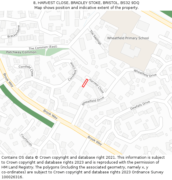 8, HARVEST CLOSE, BRADLEY STOKE, BRISTOL, BS32 9DQ: Location map and indicative extent of plot