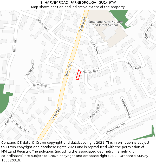 8, HARVEY ROAD, FARNBOROUGH, GU14 9TW: Location map and indicative extent of plot