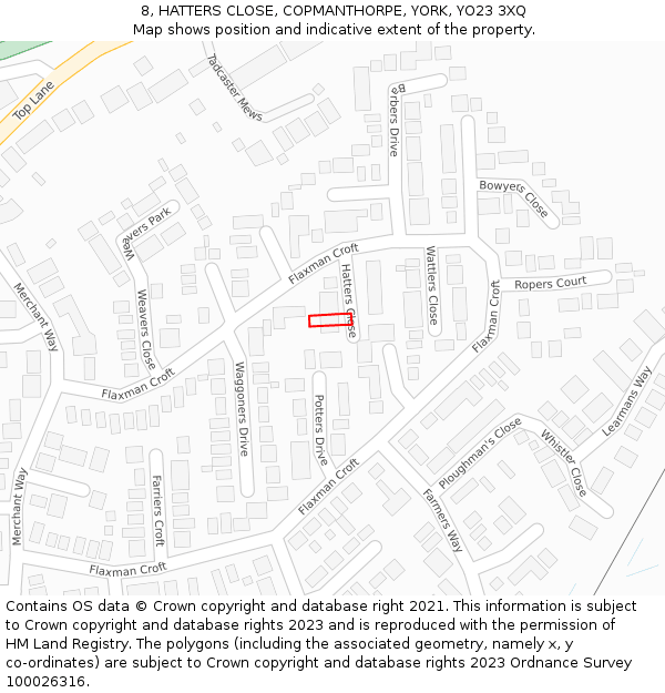 8, HATTERS CLOSE, COPMANTHORPE, YORK, YO23 3XQ: Location map and indicative extent of plot