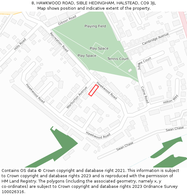 8, HAWKWOOD ROAD, SIBLE HEDINGHAM, HALSTEAD, CO9 3JL: Location map and indicative extent of plot