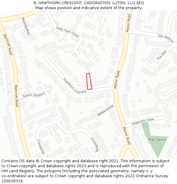 8, HAWTHORN CRESCENT, CADDINGTON, LUTON, LU1 4EQ: Location map and indicative extent of plot