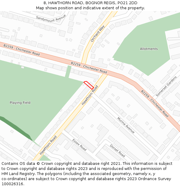 8, HAWTHORN ROAD, BOGNOR REGIS, PO21 2DD: Location map and indicative extent of plot