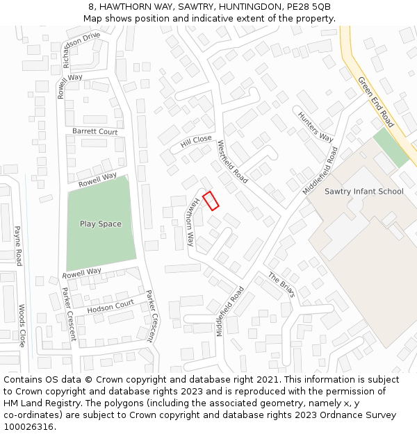 8, HAWTHORN WAY, SAWTRY, HUNTINGDON, PE28 5QB: Location map and indicative extent of plot