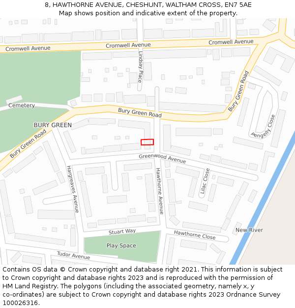 8, HAWTHORNE AVENUE, CHESHUNT, WALTHAM CROSS, EN7 5AE: Location map and indicative extent of plot