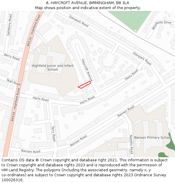 8, HAYCROFT AVENUE, BIRMINGHAM, B8 3LA: Location map and indicative extent of plot