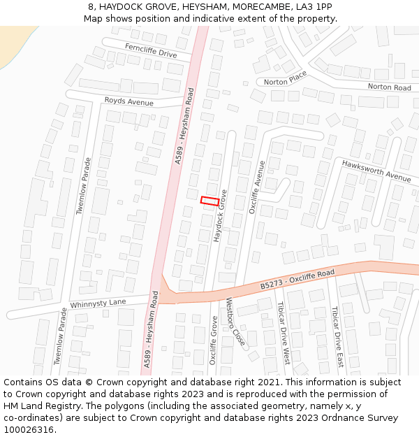 8, HAYDOCK GROVE, HEYSHAM, MORECAMBE, LA3 1PP: Location map and indicative extent of plot