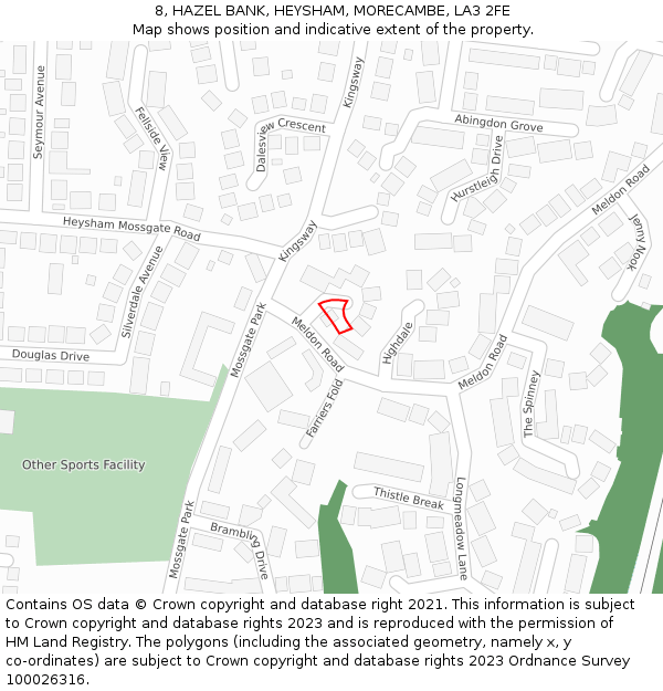 8, HAZEL BANK, HEYSHAM, MORECAMBE, LA3 2FE: Location map and indicative extent of plot