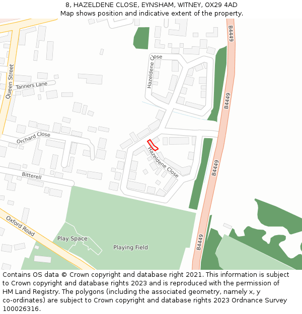 8, HAZELDENE CLOSE, EYNSHAM, WITNEY, OX29 4AD: Location map and indicative extent of plot