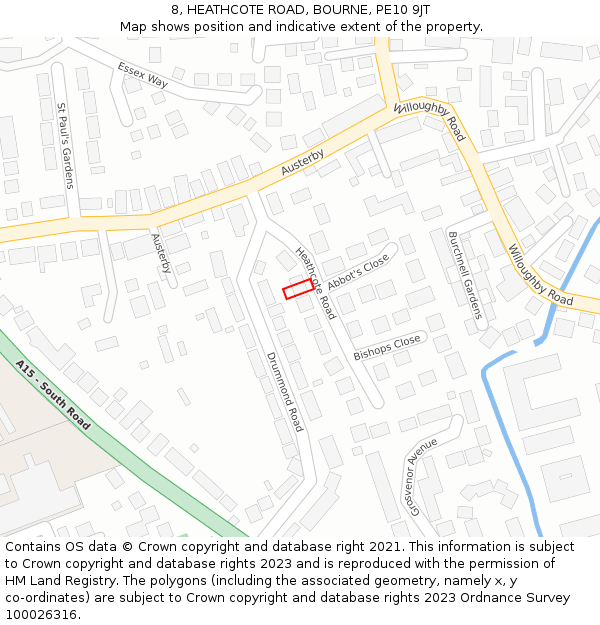 8, HEATHCOTE ROAD, BOURNE, PE10 9JT: Location map and indicative extent of plot