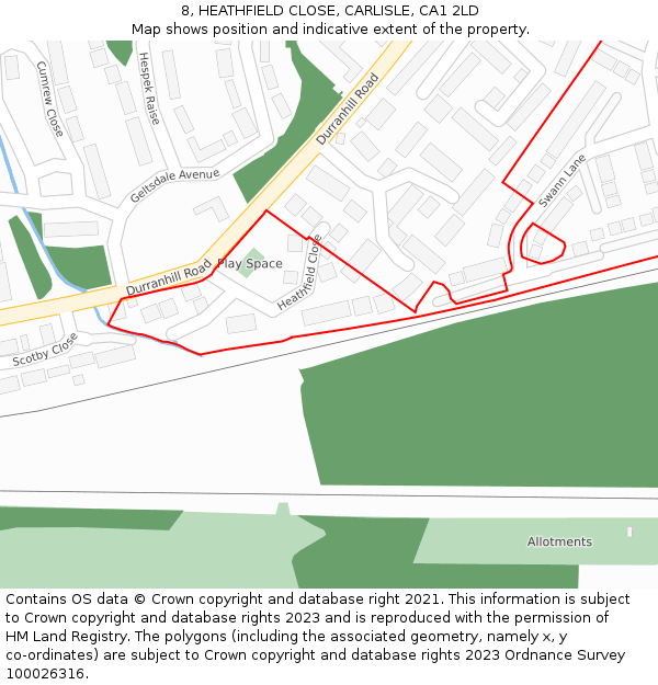 8, HEATHFIELD CLOSE, CARLISLE, CA1 2LD: Location map and indicative extent of plot