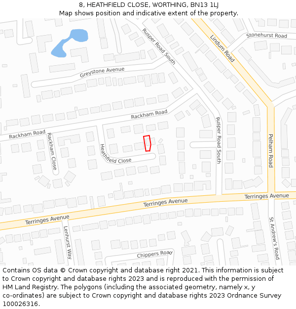 8, HEATHFIELD CLOSE, WORTHING, BN13 1LJ: Location map and indicative extent of plot