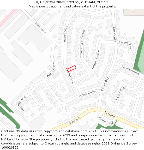 8, HELSTON DRIVE, ROYTON, OLDHAM, OL2 6JS: Location map and indicative extent of plot