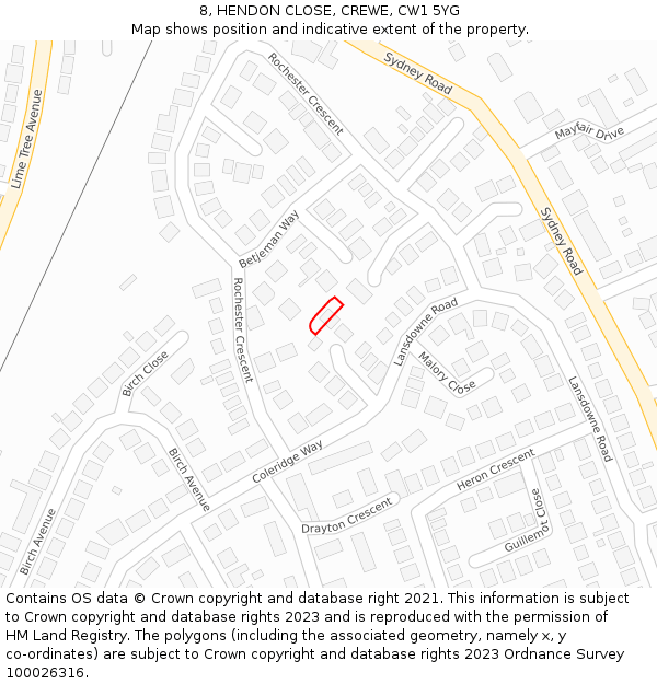 8, HENDON CLOSE, CREWE, CW1 5YG: Location map and indicative extent of plot