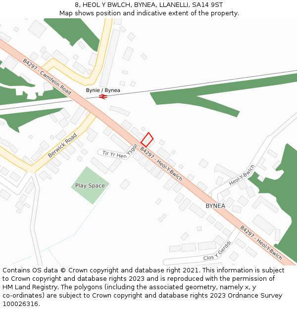 8, HEOL Y BWLCH, BYNEA, LLANELLI, SA14 9ST: Location map and indicative extent of plot