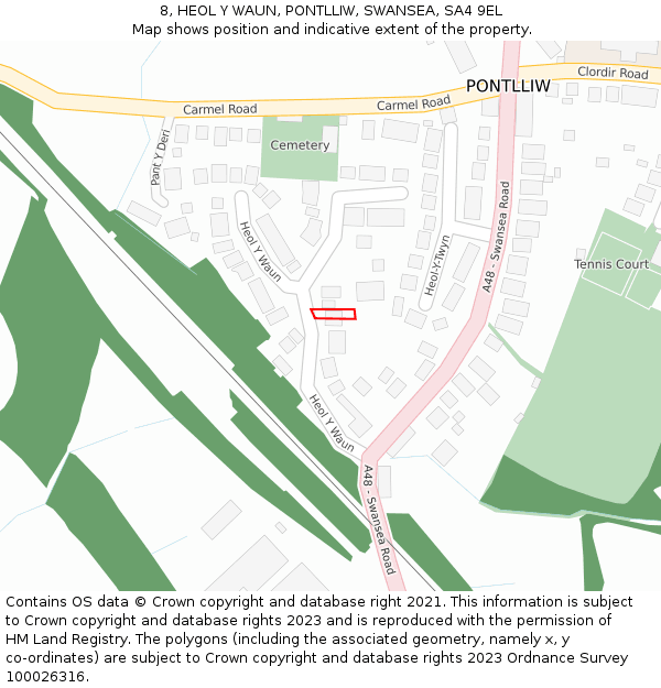 8, HEOL Y WAUN, PONTLLIW, SWANSEA, SA4 9EL: Location map and indicative extent of plot