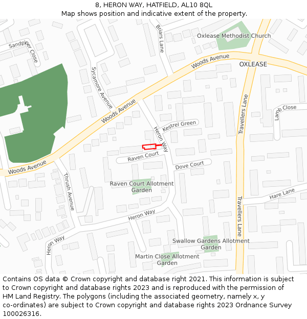 8, HERON WAY, HATFIELD, AL10 8QL: Location map and indicative extent of plot