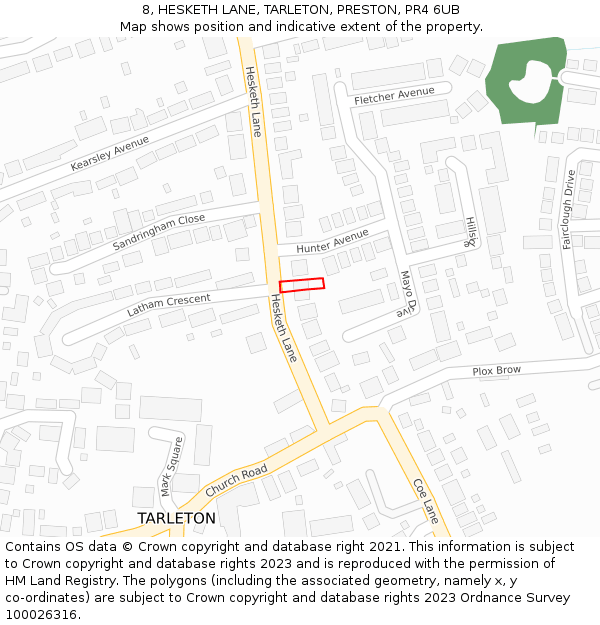 8, HESKETH LANE, TARLETON, PRESTON, PR4 6UB: Location map and indicative extent of plot