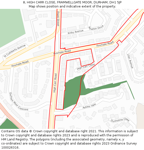 8, HIGH CARR CLOSE, FRAMWELLGATE MOOR, DURHAM, DH1 5JP: Location map and indicative extent of plot