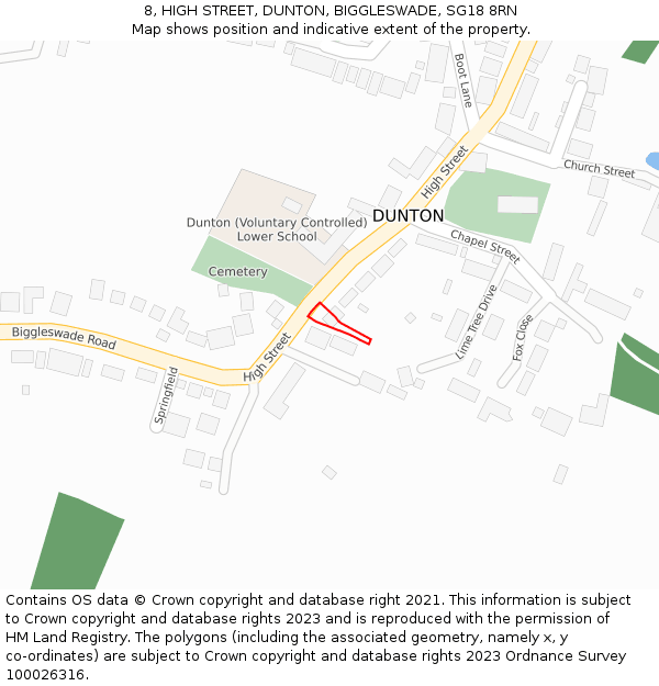 8, HIGH STREET, DUNTON, BIGGLESWADE, SG18 8RN: Location map and indicative extent of plot