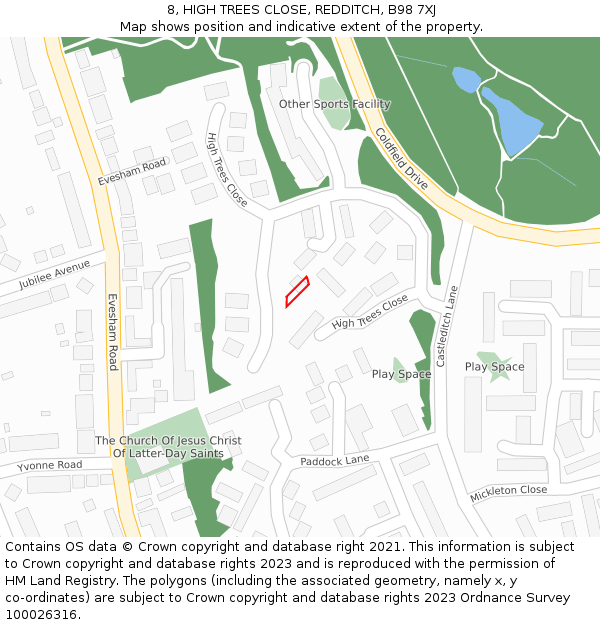8, HIGH TREES CLOSE, REDDITCH, B98 7XJ: Location map and indicative extent of plot