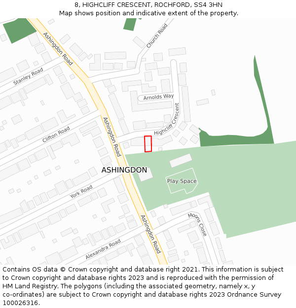 8, HIGHCLIFF CRESCENT, ROCHFORD, SS4 3HN: Location map and indicative extent of plot