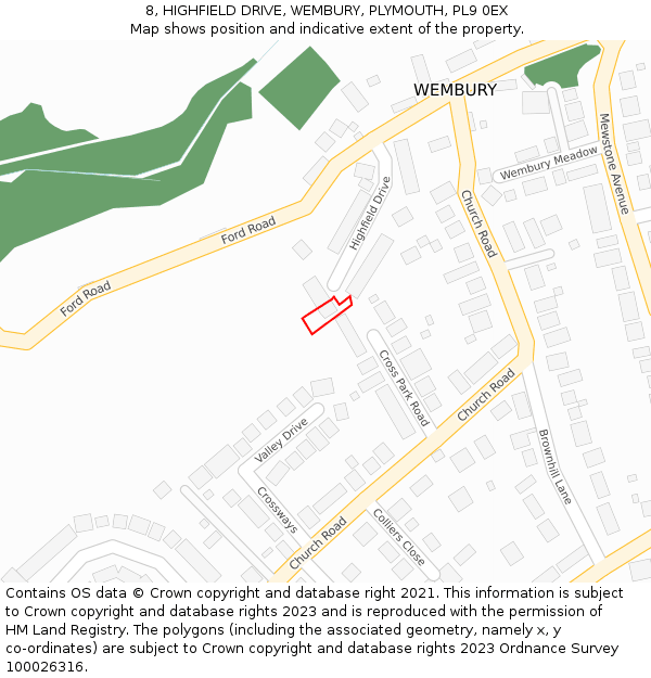 8, HIGHFIELD DRIVE, WEMBURY, PLYMOUTH, PL9 0EX: Location map and indicative extent of plot