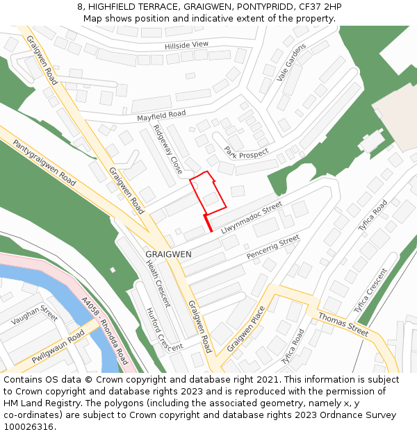 8, HIGHFIELD TERRACE, GRAIGWEN, PONTYPRIDD, CF37 2HP: Location map and indicative extent of plot