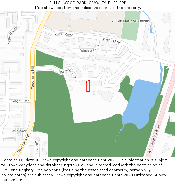 8, HIGHWOOD PARK, CRAWLEY, RH11 9PP: Location map and indicative extent of plot