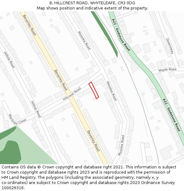 8, HILLCREST ROAD, WHYTELEAFE, CR3 0DG: Location map and indicative extent of plot
