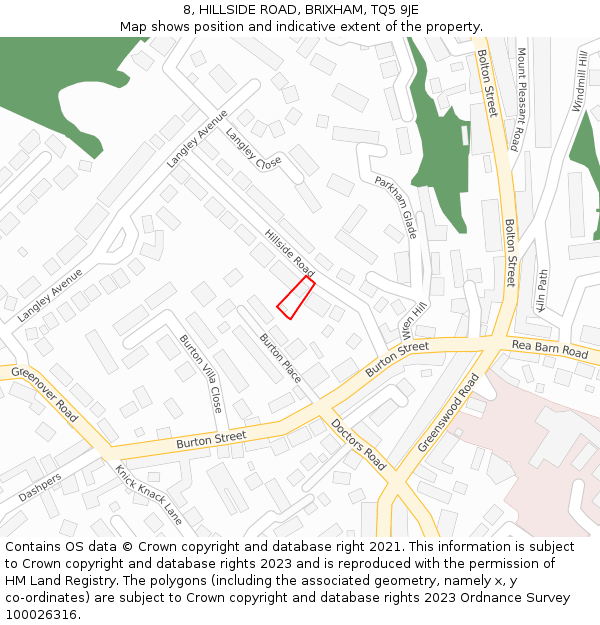 8, HILLSIDE ROAD, BRIXHAM, TQ5 9JE: Location map and indicative extent of plot