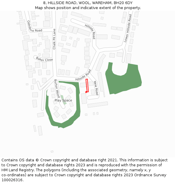 8, HILLSIDE ROAD, WOOL, WAREHAM, BH20 6DY: Location map and indicative extent of plot