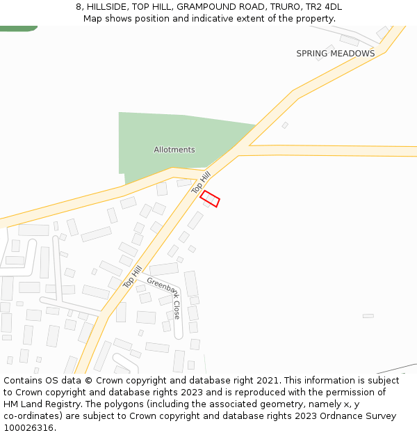 8, HILLSIDE, TOP HILL, GRAMPOUND ROAD, TRURO, TR2 4DL: Location map and indicative extent of plot