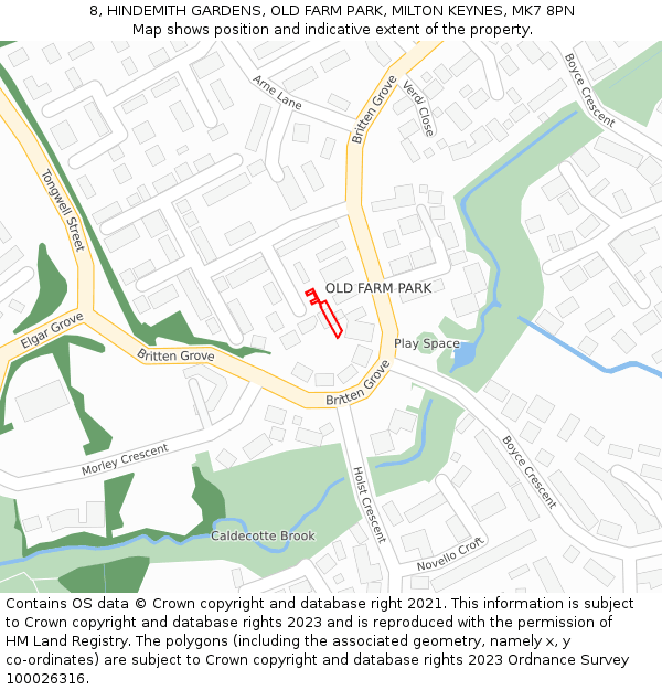 8, HINDEMITH GARDENS, OLD FARM PARK, MILTON KEYNES, MK7 8PN: Location map and indicative extent of plot