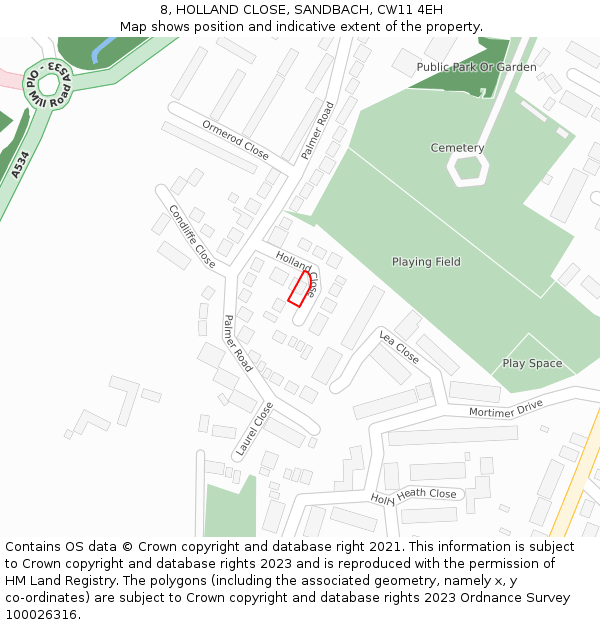 8, HOLLAND CLOSE, SANDBACH, CW11 4EH: Location map and indicative extent of plot