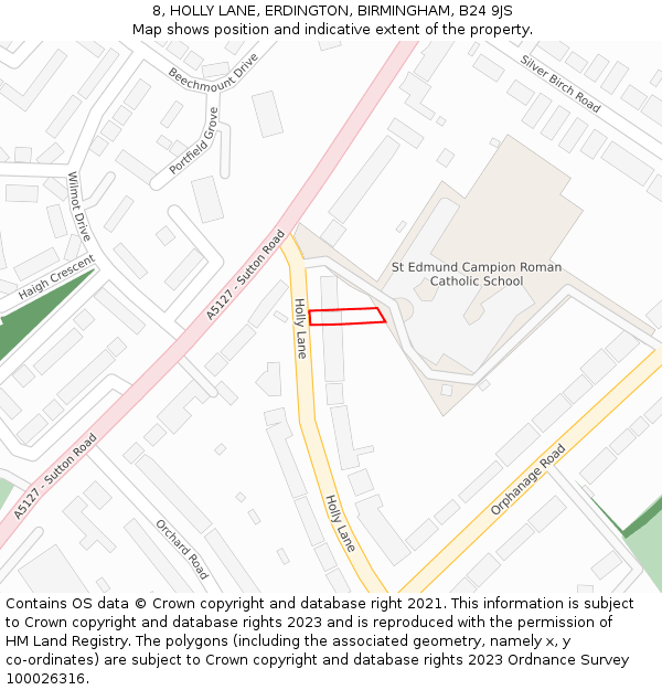 8, HOLLY LANE, ERDINGTON, BIRMINGHAM, B24 9JS: Location map and indicative extent of plot