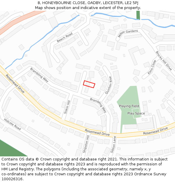 8, HONEYBOURNE CLOSE, OADBY, LEICESTER, LE2 5PJ: Location map and indicative extent of plot