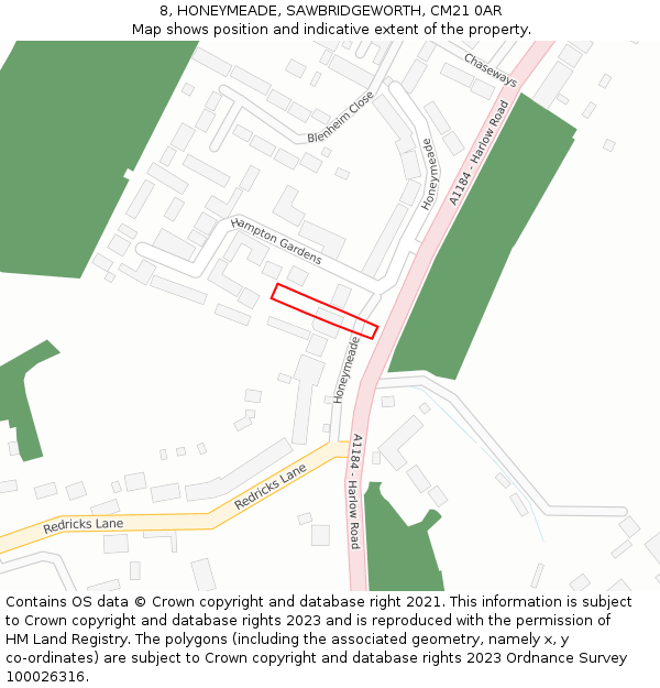 8, HONEYMEADE, SAWBRIDGEWORTH, CM21 0AR: Location map and indicative extent of plot