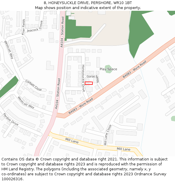 8, HONEYSUCKLE DRIVE, PERSHORE, WR10 1BT: Location map and indicative extent of plot