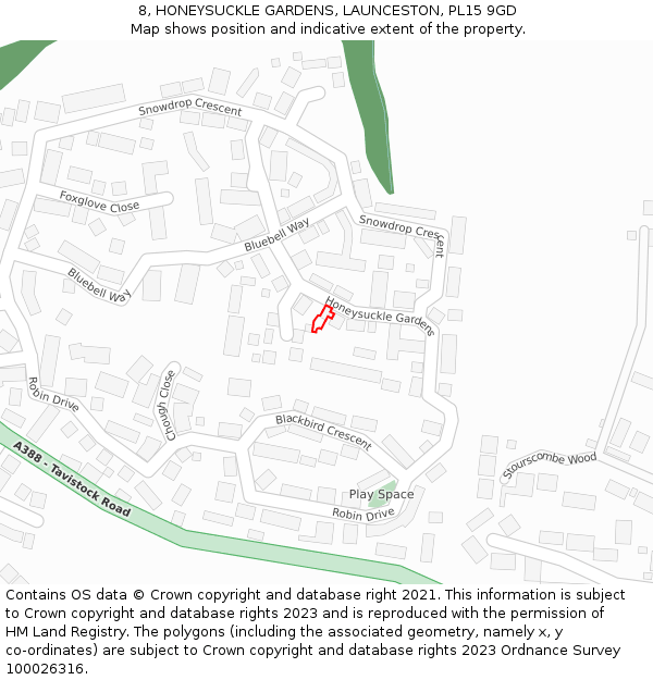 8, HONEYSUCKLE GARDENS, LAUNCESTON, PL15 9GD: Location map and indicative extent of plot