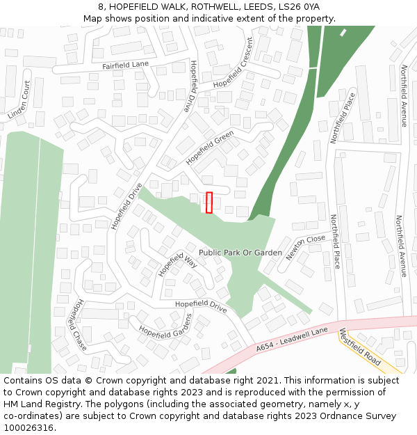 8, HOPEFIELD WALK, ROTHWELL, LEEDS, LS26 0YA: Location map and indicative extent of plot