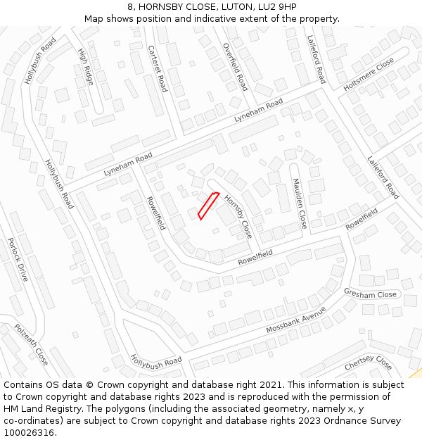 8, HORNSBY CLOSE, LUTON, LU2 9HP: Location map and indicative extent of plot