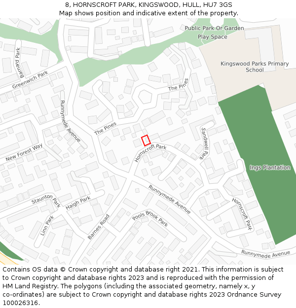 8, HORNSCROFT PARK, KINGSWOOD, HULL, HU7 3GS: Location map and indicative extent of plot