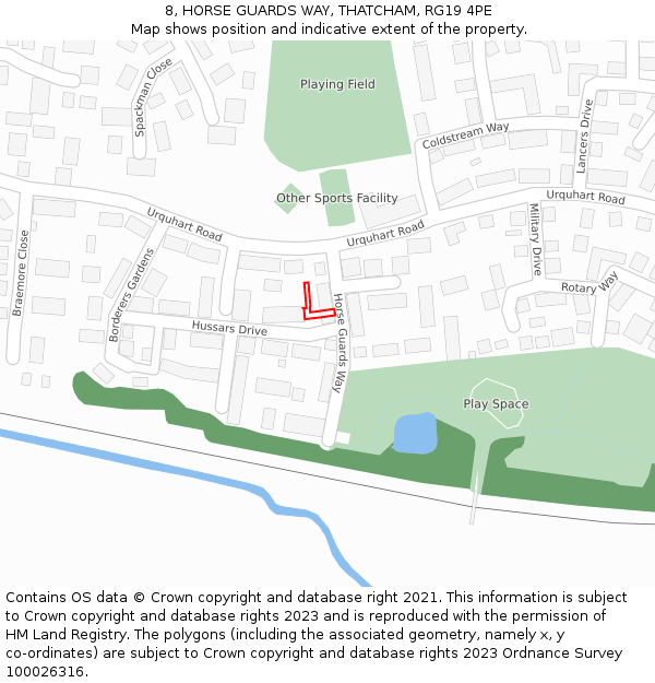 8, HORSE GUARDS WAY, THATCHAM, RG19 4PE: Location map and indicative extent of plot