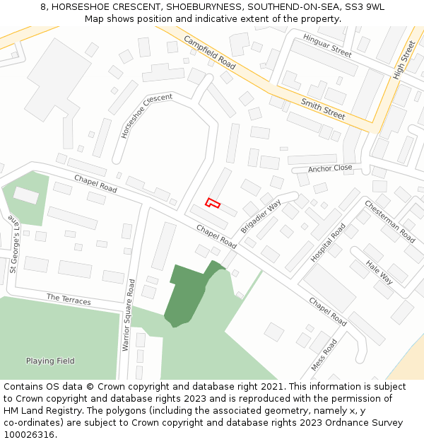 8, HORSESHOE CRESCENT, SHOEBURYNESS, SOUTHEND-ON-SEA, SS3 9WL: Location map and indicative extent of plot