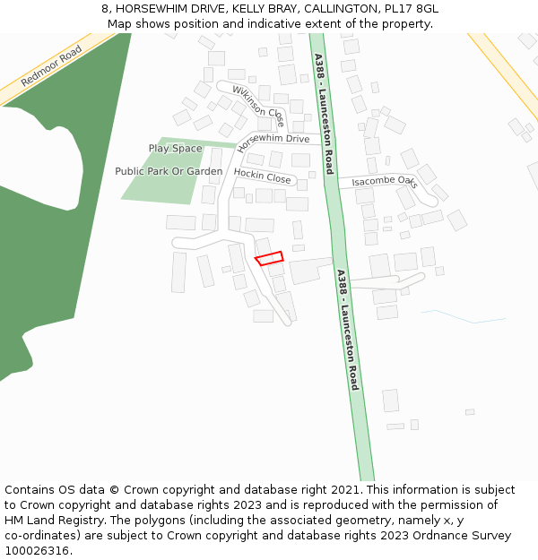 8, HORSEWHIM DRIVE, KELLY BRAY, CALLINGTON, PL17 8GL: Location map and indicative extent of plot