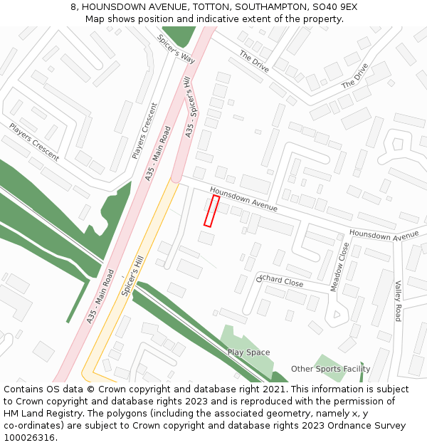 8, HOUNSDOWN AVENUE, TOTTON, SOUTHAMPTON, SO40 9EX: Location map and indicative extent of plot