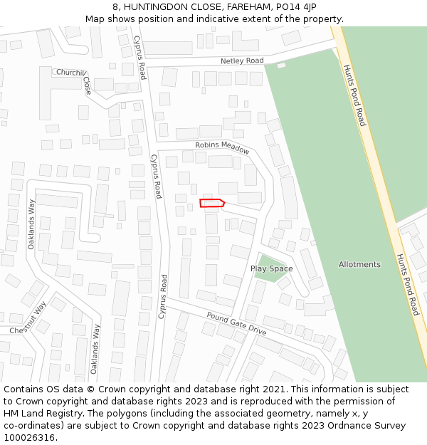 8, HUNTINGDON CLOSE, FAREHAM, PO14 4JP: Location map and indicative extent of plot