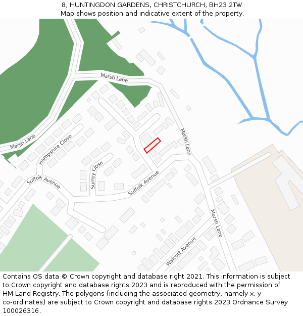 8, HUNTINGDON GARDENS, CHRISTCHURCH, BH23 2TW: Location map and indicative extent of plot