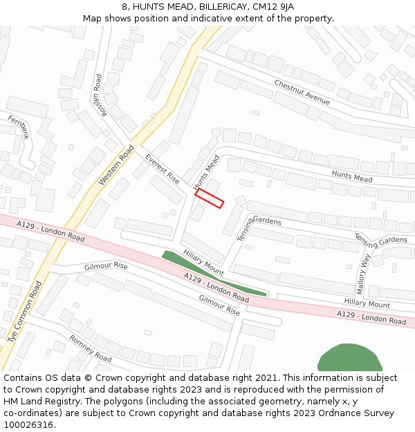 8, HUNTS MEAD, BILLERICAY, CM12 9JA: Location map and indicative extent of plot