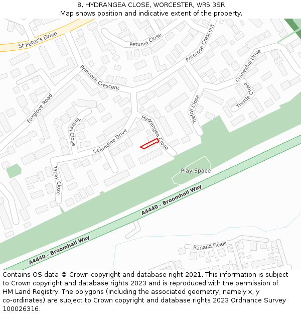 8, HYDRANGEA CLOSE, WORCESTER, WR5 3SR: Location map and indicative extent of plot
